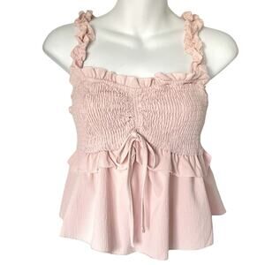 NEW Pink Smocked‎ Camisole Top Womens Large Peplum Swiftie Blouse Ruffle Straps